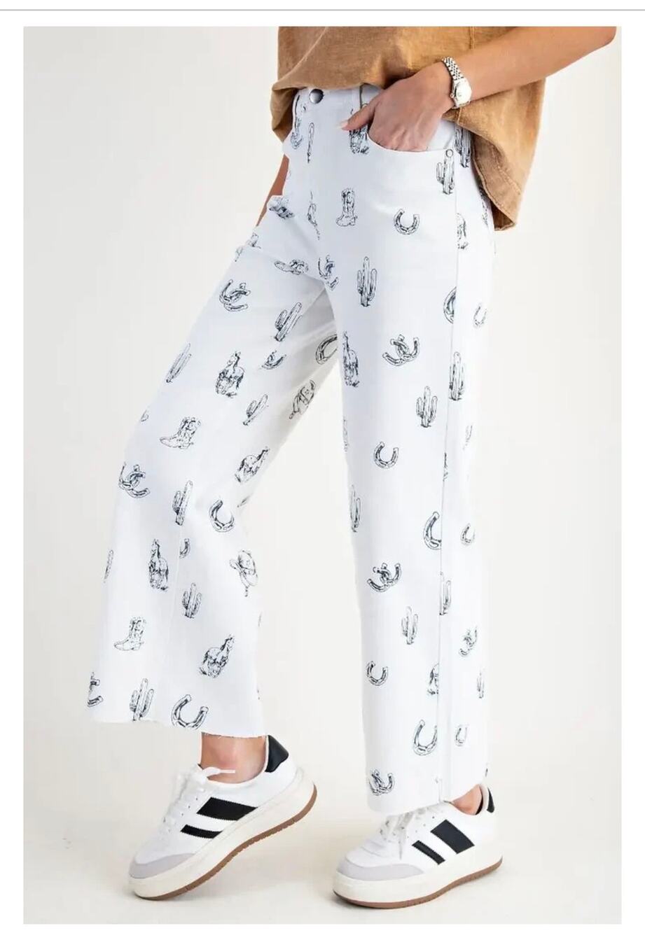 1B8***Easel White Western Print Wide Leg Pants